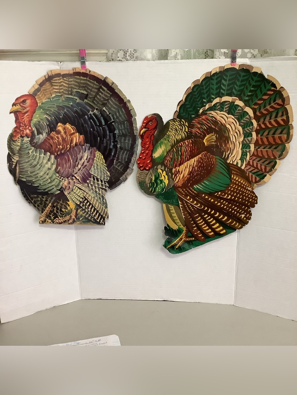 Set of 2 Vintage Thanksgiving cardboard die-cut Turkey decorations